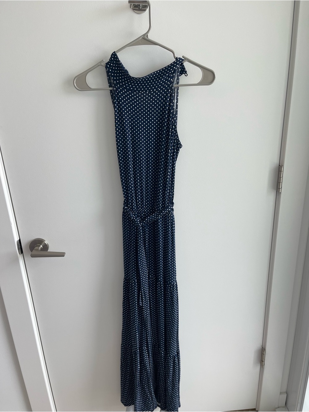 Loveapella Sleeveless Navy Polka Dot Maxi Dress